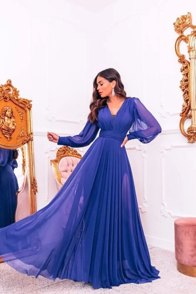 Chiffon Puffy Long Sleeve Bridesmaid Dresses 2023 Long V-Neck Formal Evening Wedding Dress for Women