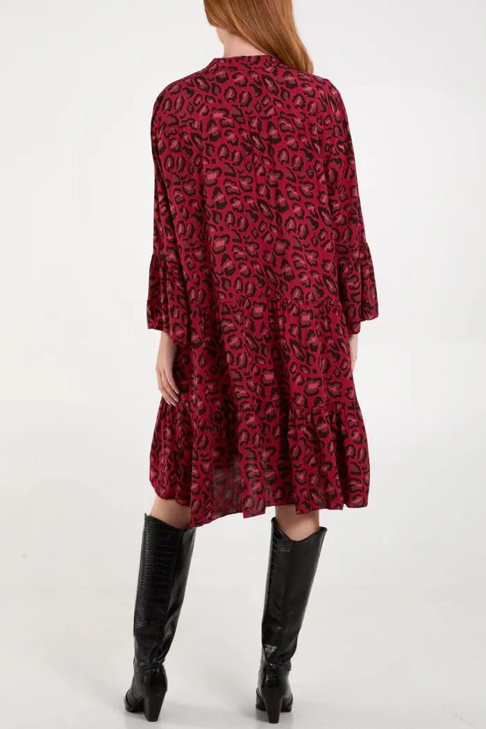 chouyatou Women's Boho Leopard Print Ruffle Hem Midi Dress Bell Long Sleeve Babydoll Tunic Short Dress