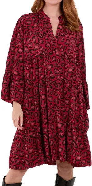chouyatou Women's Boho Leopard Print Ruffle Hem Midi Dress Bell Long Sleeve Babydoll Tunic Short Dress