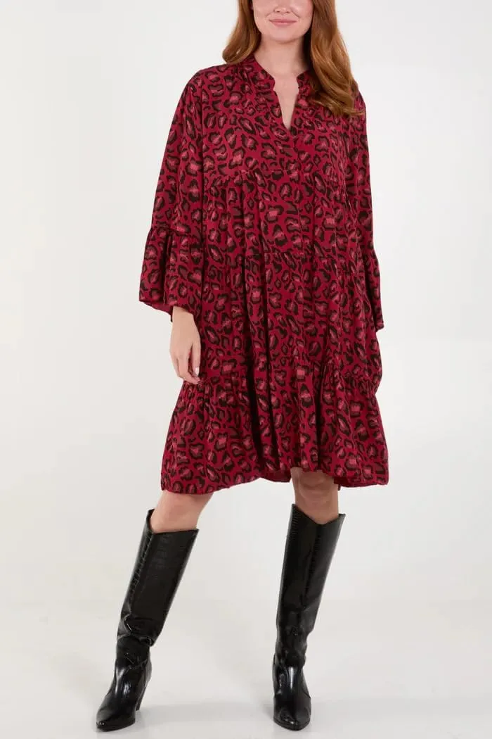 chouyatou Women's Boho Leopard Print Ruffle Hem Midi Dress Bell Long Sleeve Babydoll Tunic Short Dress