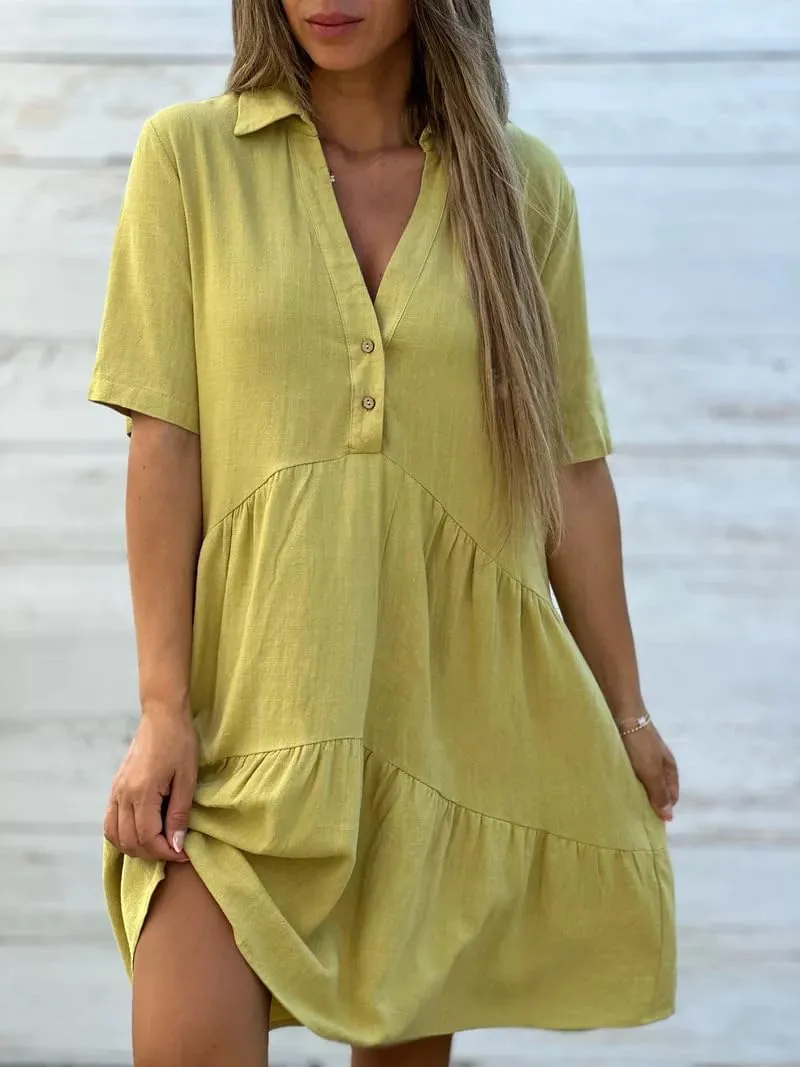 chouyatou Women's Button Up Polo Collared Cotton Linen Loose Dress Short Sleeve Ruffle Babydoll Tunic Mini Dress