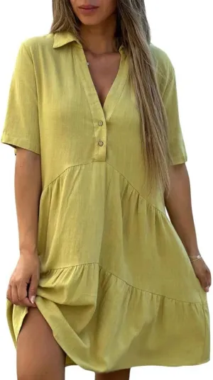 chouyatou Women's Button Up Polo Collared Cotton Linen Loose Dress Short Sleeve Ruffle Babydoll Tunic Mini Dress