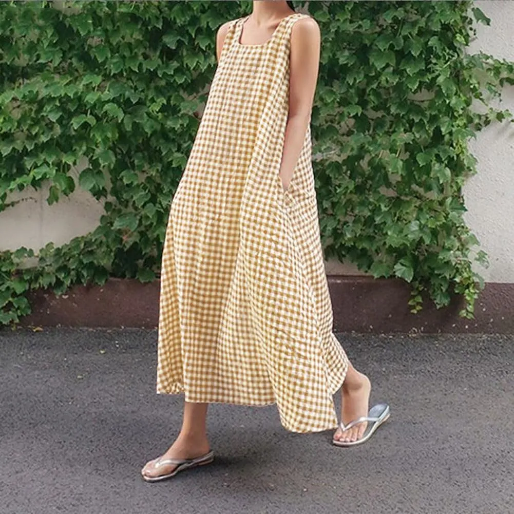chouyatou Women's Casual Loose-Fit Cotton and Linen Plaid Tank Maxi Dress with Pockets