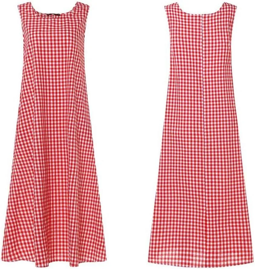 chouyatou Women's Casual Loose-Fit Cotton and Linen Plaid Tank Maxi Dress with Pockets