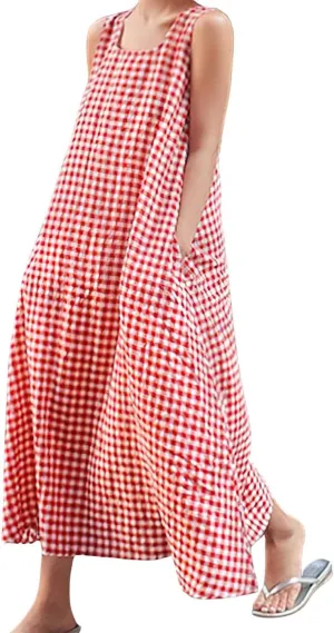 chouyatou Women's Casual Loose-Fit Cotton and Linen Plaid Tank Maxi Dress with Pockets