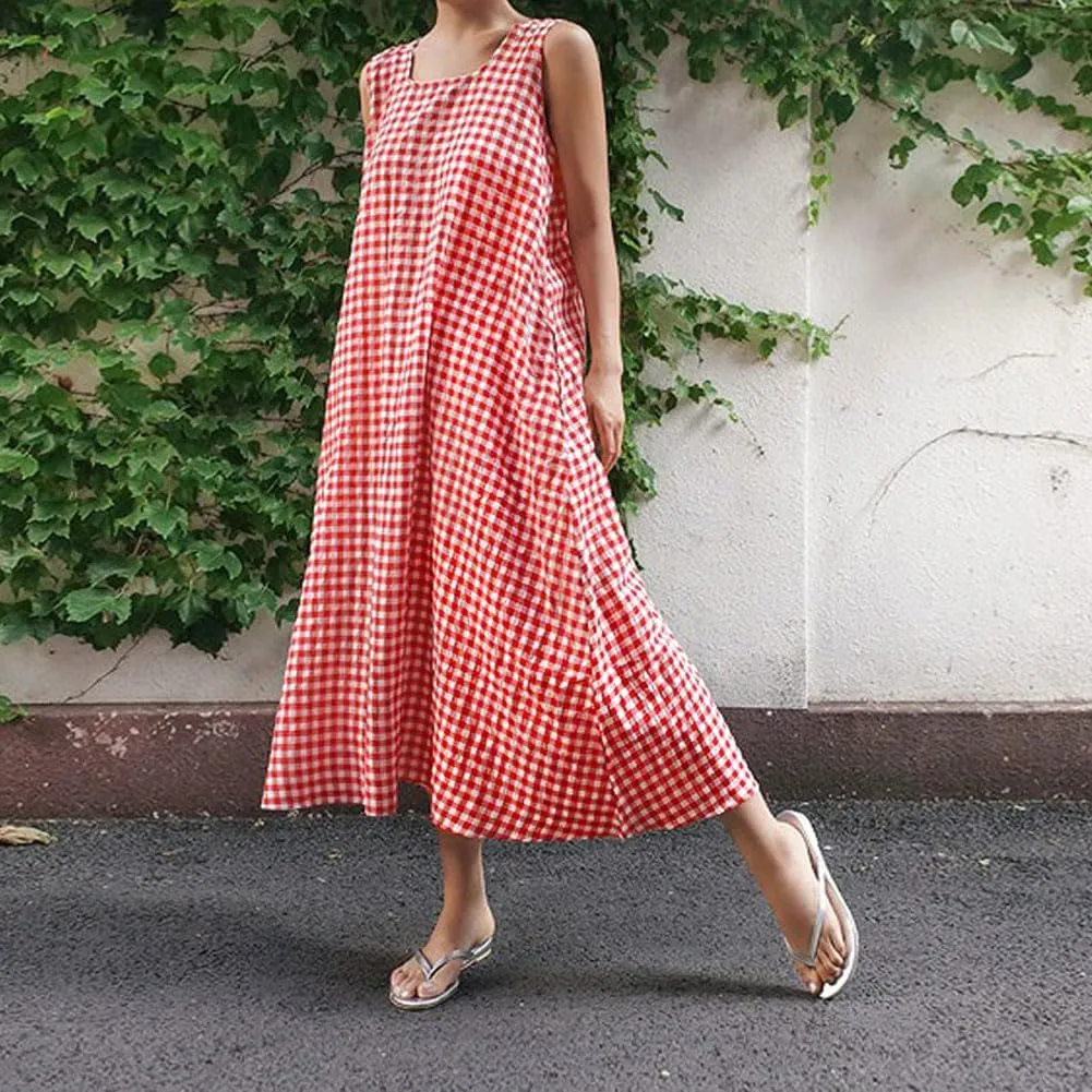 chouyatou Women's Casual Loose-Fit Cotton and Linen Plaid Tank Maxi Dress with Pockets