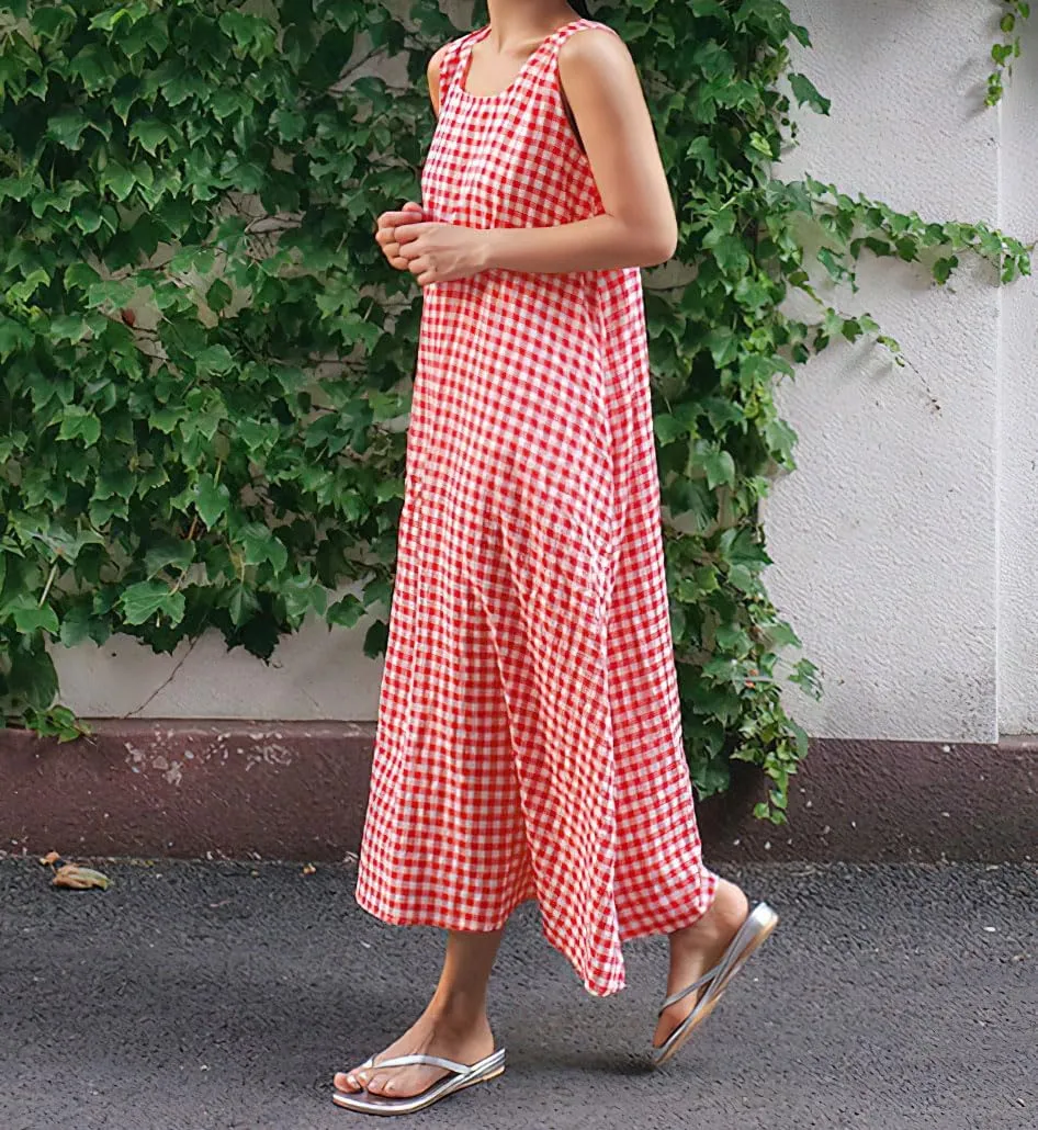 chouyatou Women's Casual Loose-Fit Cotton and Linen Plaid Tank Maxi Dress with Pockets