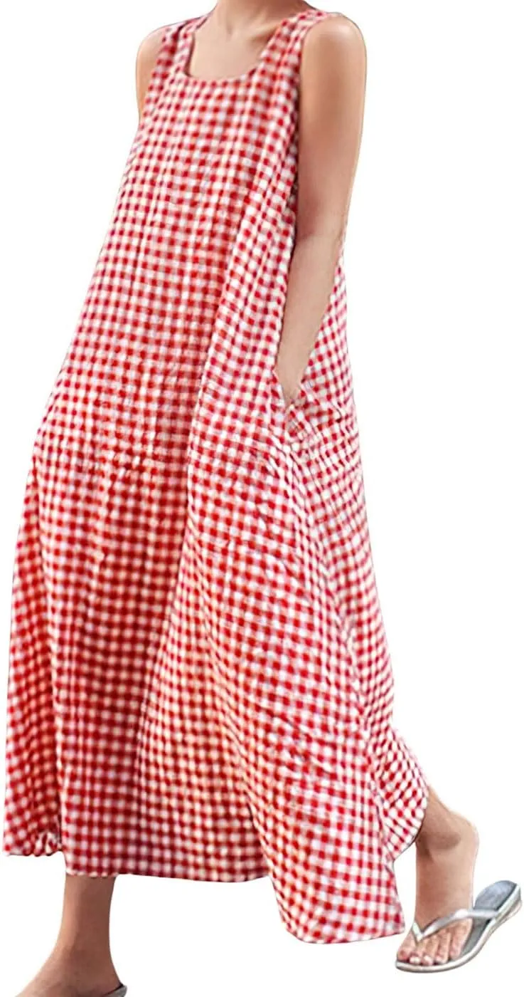 chouyatou Women's Casual Loose-Fit Cotton and Linen Plaid Tank Maxi Dress with Pockets