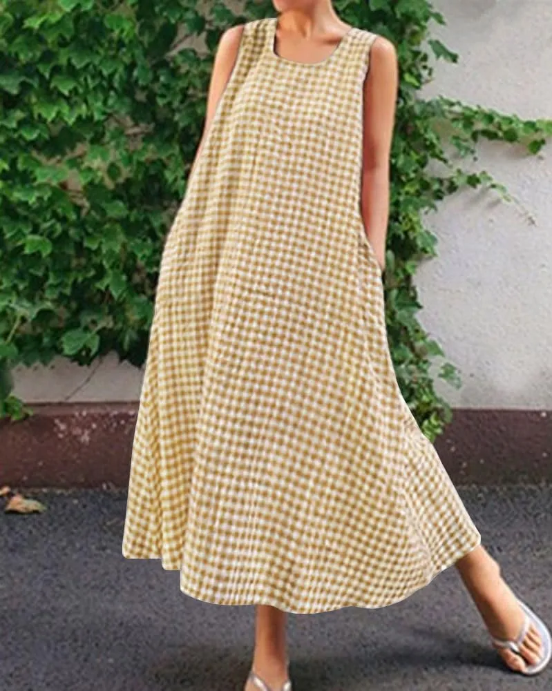 chouyatou Women's Casual Loose-Fit Cotton and Linen Plaid Tank Maxi Dress with Pockets