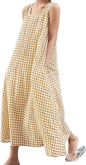 chouyatou Women's Casual Loose-Fit Cotton and Linen Plaid Tank Maxi Dress with Pockets