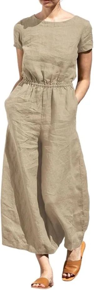 chouyatou Women's Elegant Sleeveless Linen Jumpsuits Casual Wide Leg Jumpsuit Pants Romper