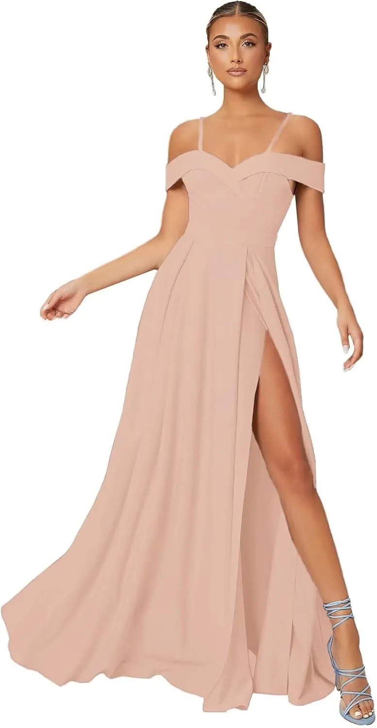 Cold Shoulder Chiffon Bridesmaids Dresses Long Slit Formal Party Dress for Junior Pleated Prom Evening Gowns Strappy DR0085