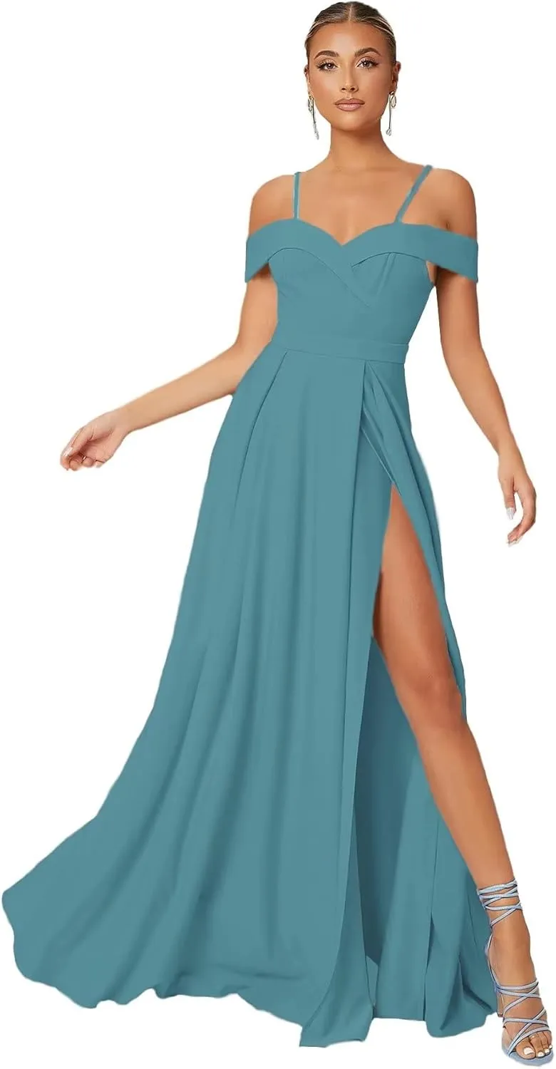 Cold Shoulder Chiffon Bridesmaids Dresses Long Slit Formal Party Dress for Junior Pleated Prom Evening Gowns Strappy DR0085