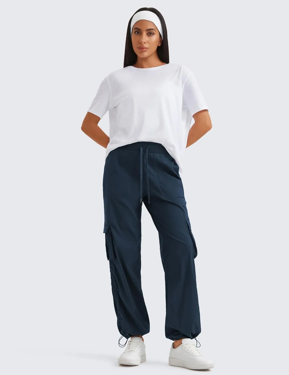 CRZ YOGA Lightweight Casual Cargo Pants for Women 30" Adjustable Ruched Straight Leg Travel Workout Athletic Hiking Joggers