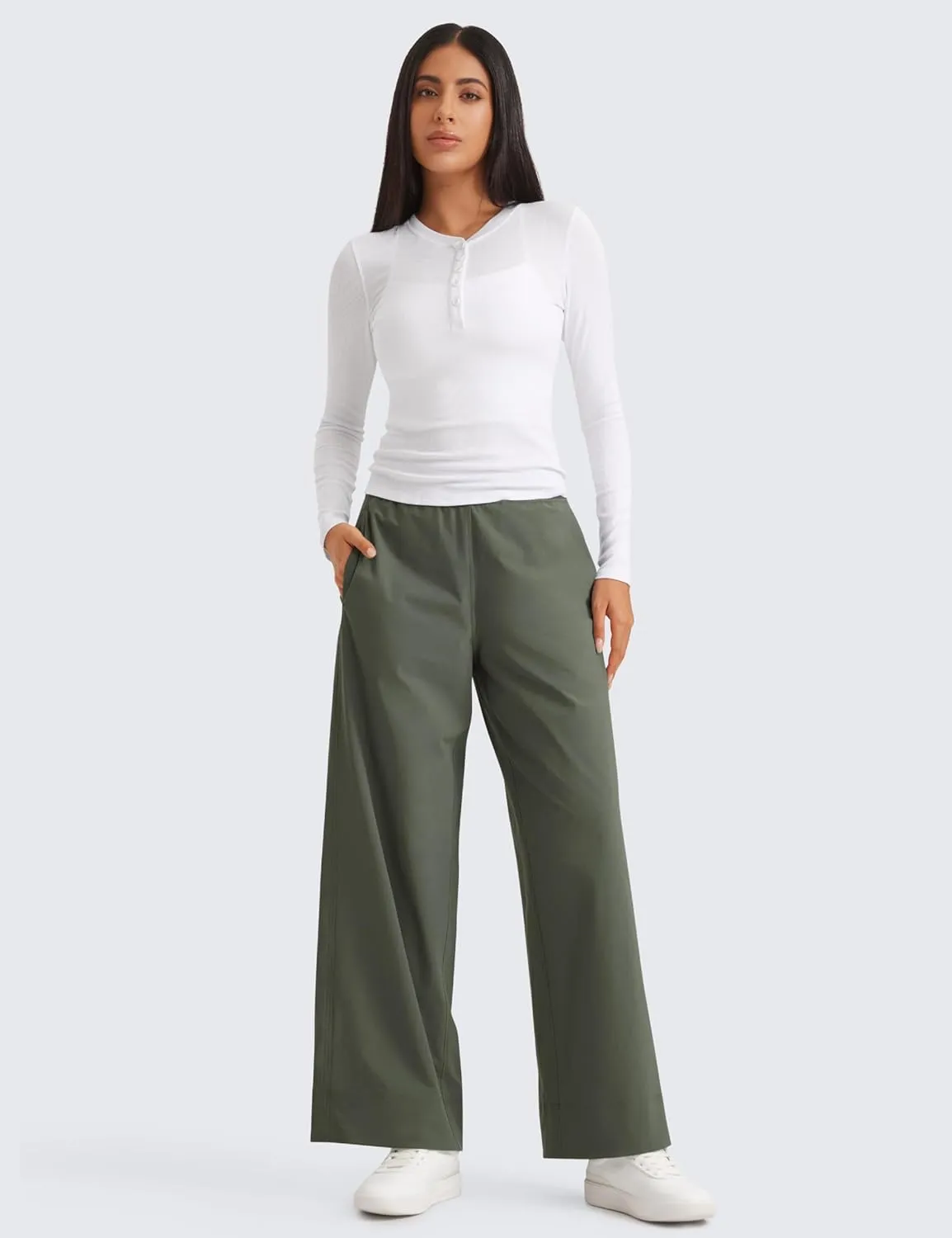 CRZ YOGA Stretch Wide Leg Casual Pants for Women 30" High Waisted Dress Work Water Resistant Travel Trousers