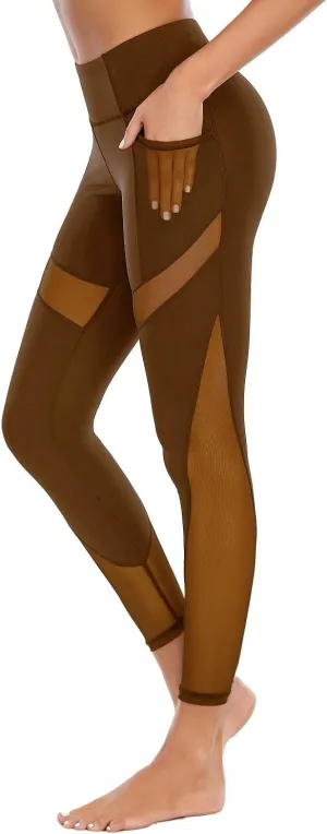 CSTOWN Women's High Waist Yoga Pants with Side Pockets Stretchy Mesh Insert Workout Leggings Tummy Control Yoga Tights