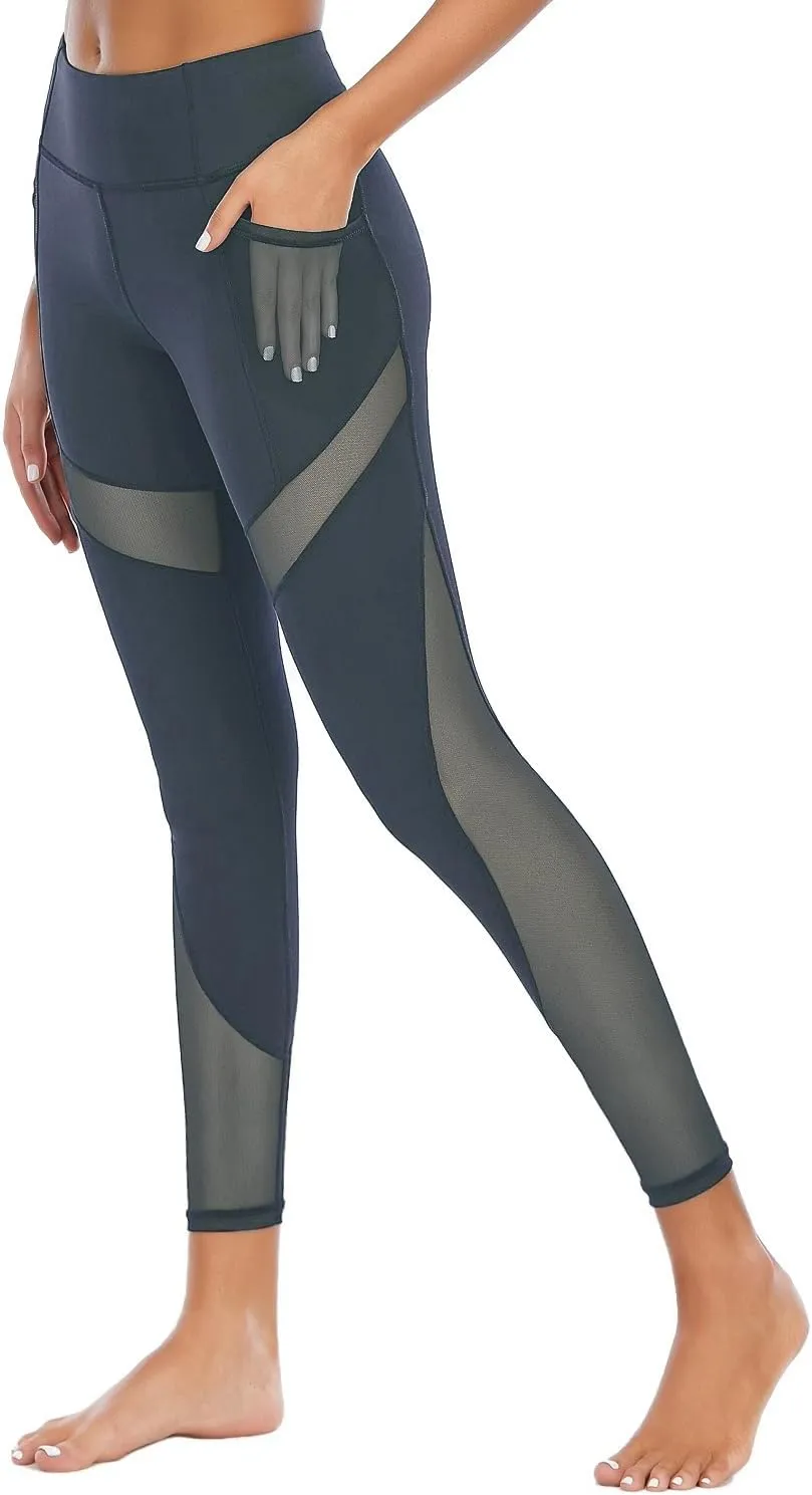 CSTOWN Women's High Waist Yoga Pants with Side Pockets Stretchy Mesh Insert Workout Leggings Tummy Control Yoga Tights