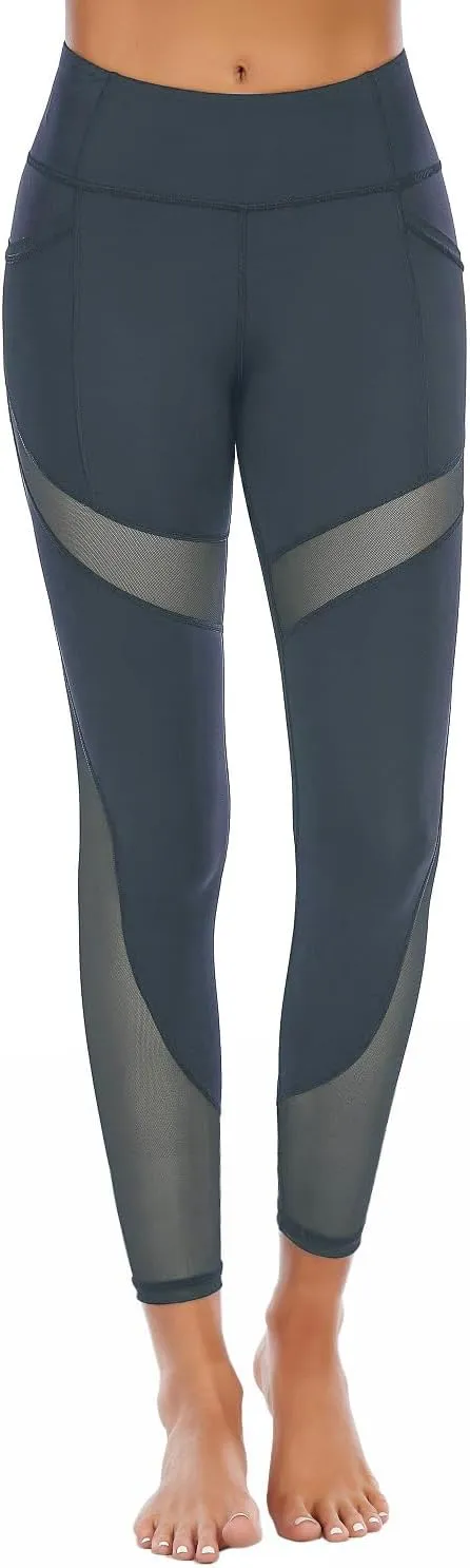 CSTOWN Women's High Waist Yoga Pants with Side Pockets Stretchy Mesh Insert Workout Leggings Tummy Control Yoga Tights
