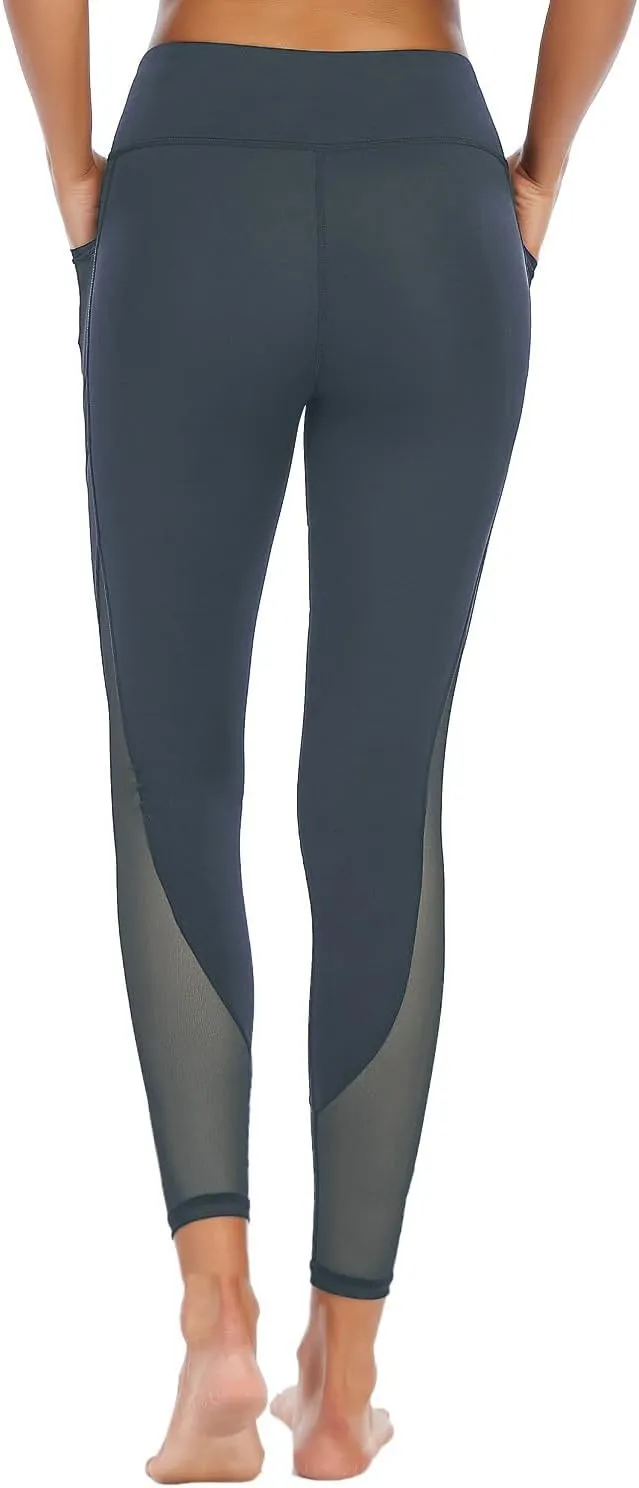 CSTOWN Women's High Waist Yoga Pants with Side Pockets Stretchy Mesh Insert Workout Leggings Tummy Control Yoga Tights