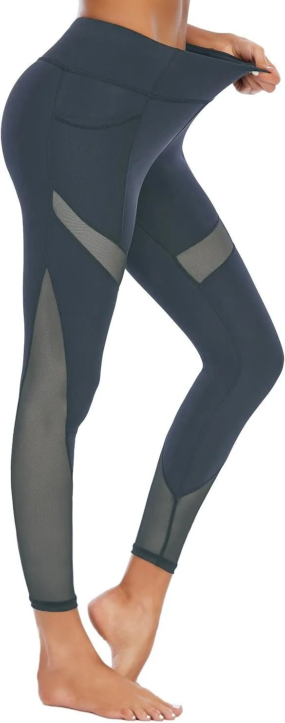 CSTOWN Women's High Waist Yoga Pants with Side Pockets Stretchy Mesh Insert Workout Leggings Tummy Control Yoga Tights