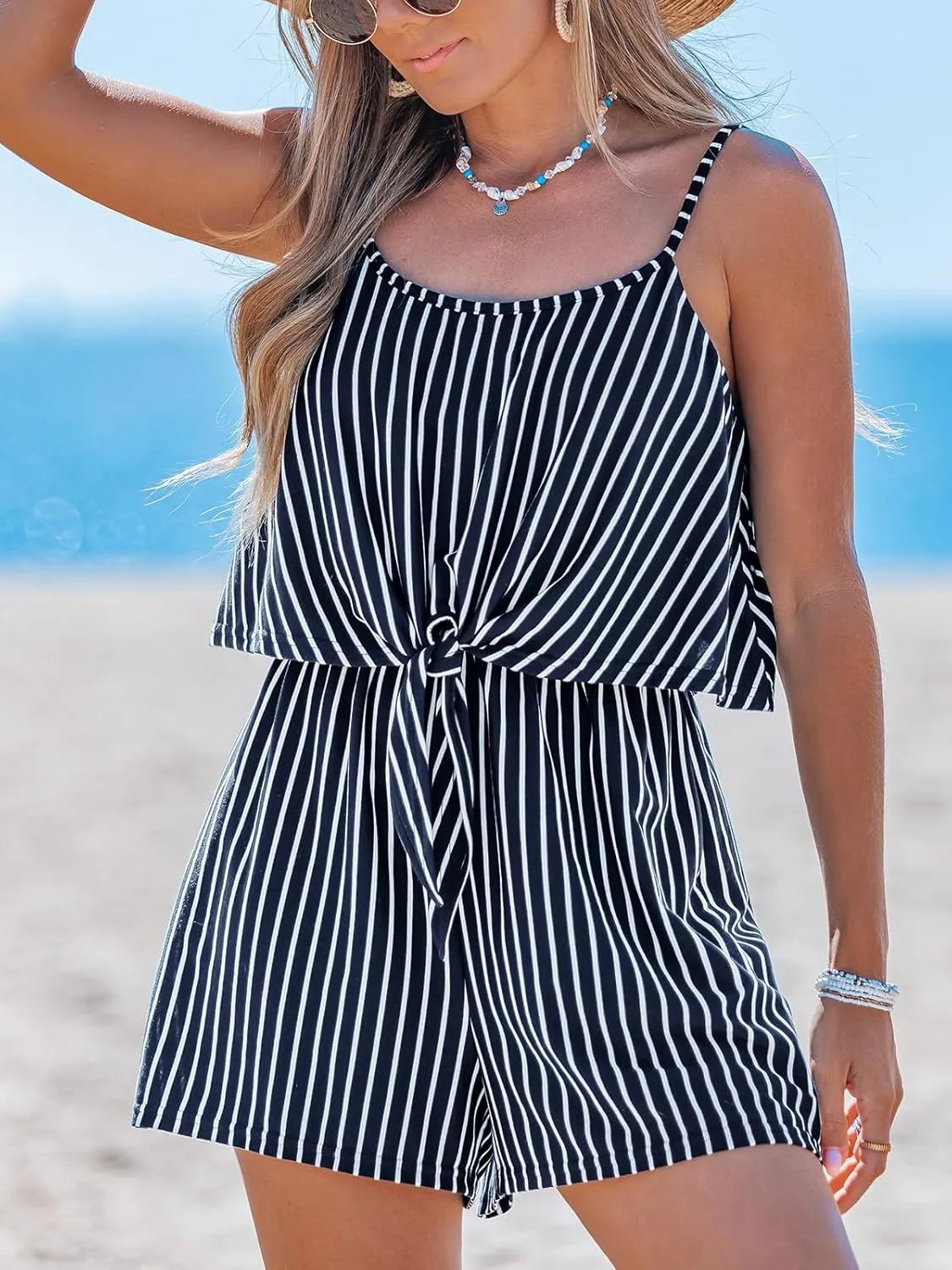 CUPSHE Women's Romper Round Neck Sleeveless Stripe High Waist Wide Leg Pants One Piece Casual Summer Outfits Jumpsuit