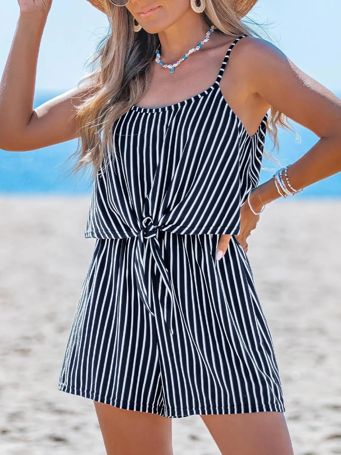 CUPSHE Women's Romper Round Neck Sleeveless Stripe High Waist Wide Leg Pants One Piece Casual Summer Outfits Jumpsuit