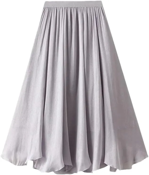 DBFBDTU High Waist A-Line Pleated Midi Skirts Women Casual Party Solid Color Casual Long Skirt