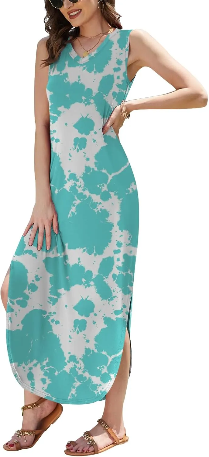 DouBCQ Women's Summer Maxi Casual Sundress V Neck Sleeveless Long Dresses with Pockets