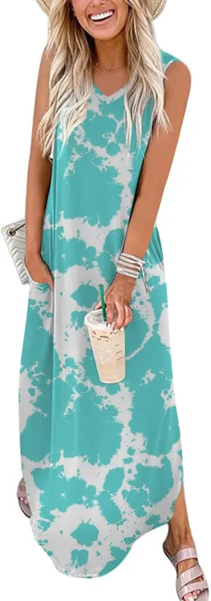 DouBCQ Women's Summer Maxi Casual Sundress V Neck Sleeveless Long Dresses with Pockets