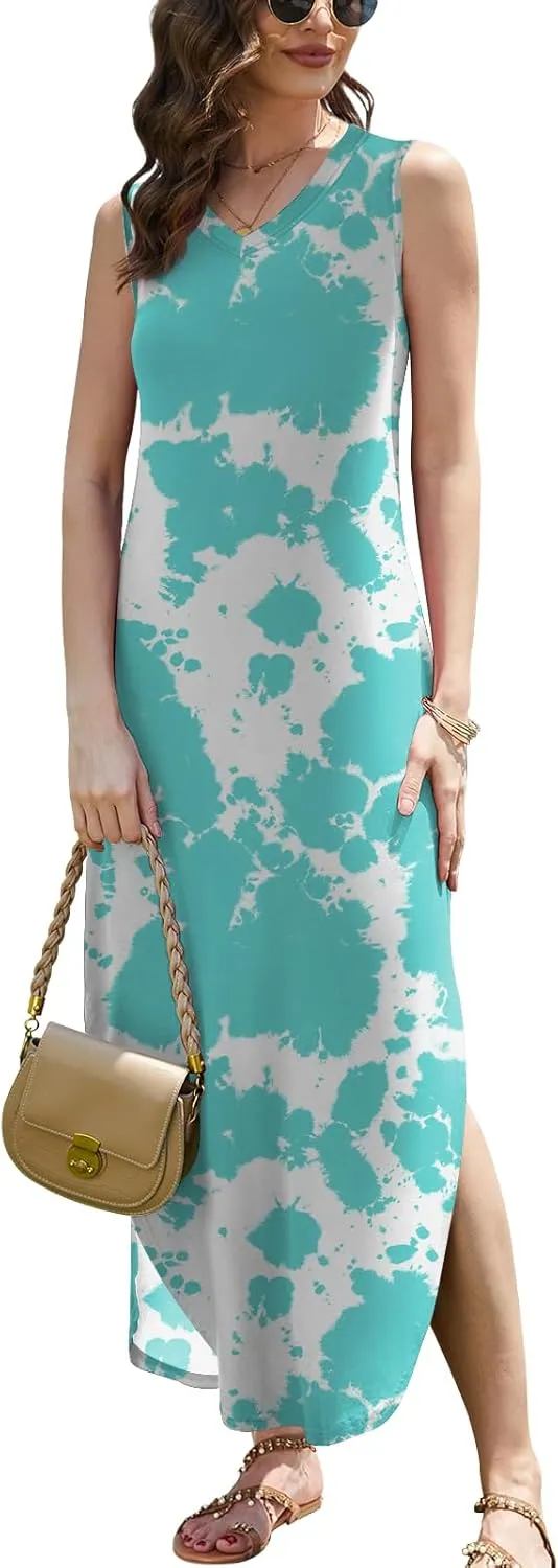 DouBCQ Women's Summer Maxi Casual Sundress V Neck Sleeveless Long Dresses with Pockets