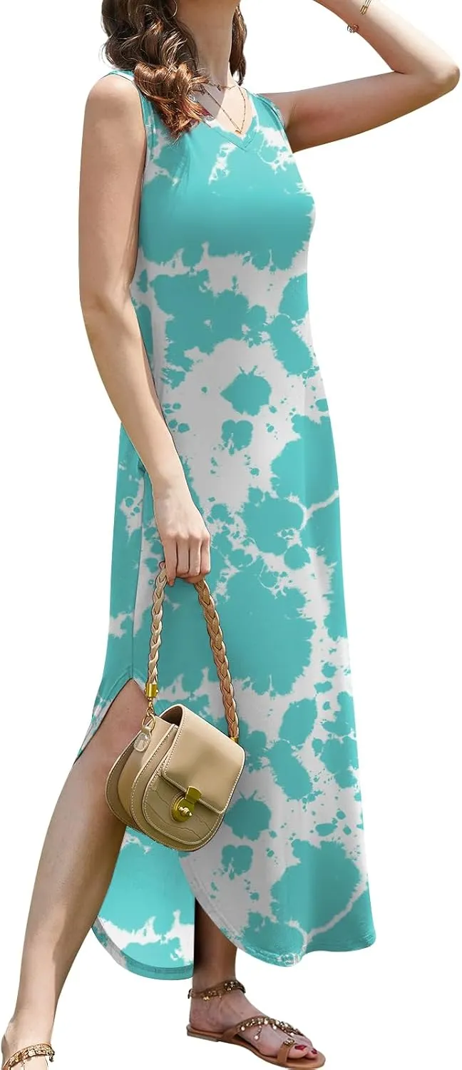 DouBCQ Women's Summer Maxi Casual Sundress V Neck Sleeveless Long Dresses with Pockets