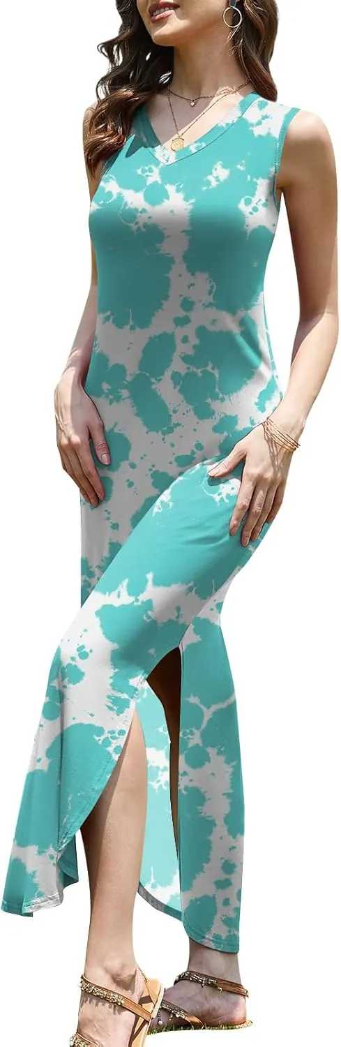 DouBCQ Women's Summer Maxi Casual Sundress V Neck Sleeveless Long Dresses with Pockets