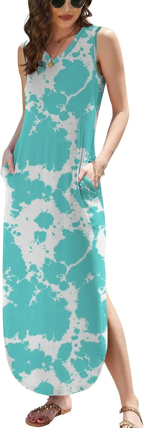 DouBCQ Women's Summer Maxi Casual Sundress V Neck Sleeveless Long Dresses with Pockets