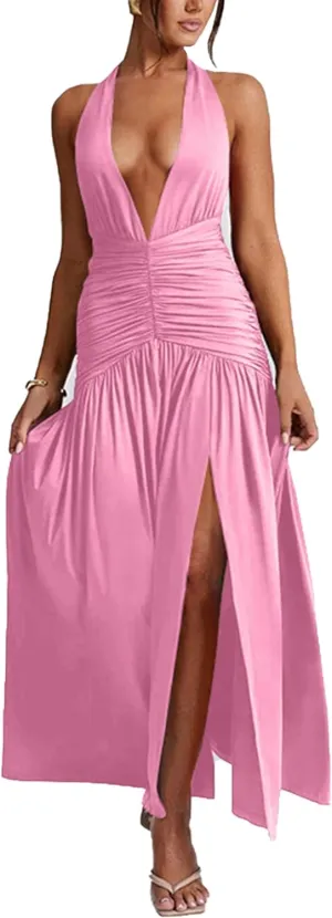 Ekaliy Women's Sexy Halter Deep V Neck Maxi Dress Sleeveless Backless High Slit Ruched Long Dress Summer Party Cocktail Dress