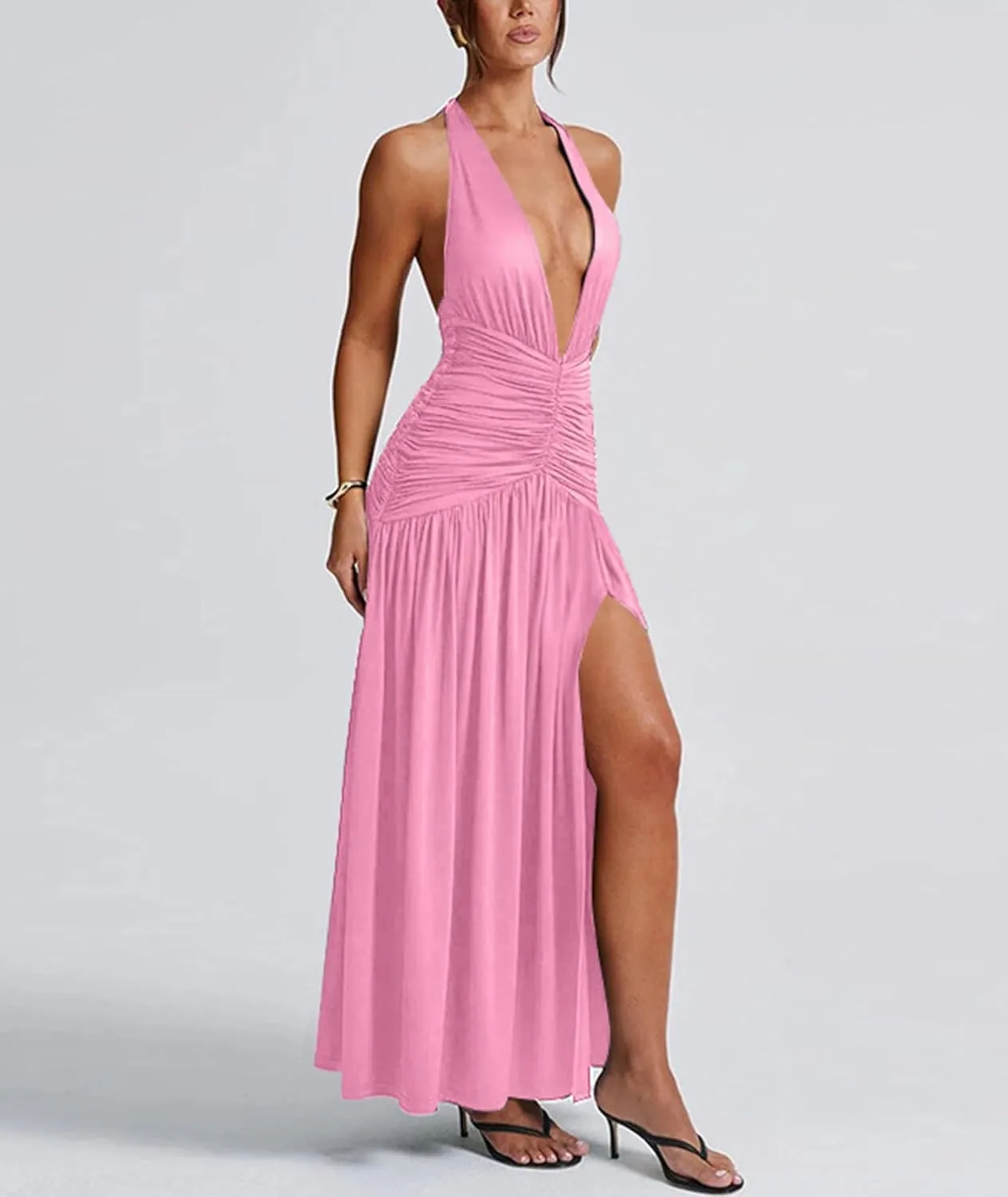 Ekaliy Women's Sexy Halter Deep V Neck Maxi Dress Sleeveless Backless High Slit Ruched Long Dress Summer Party Cocktail Dress