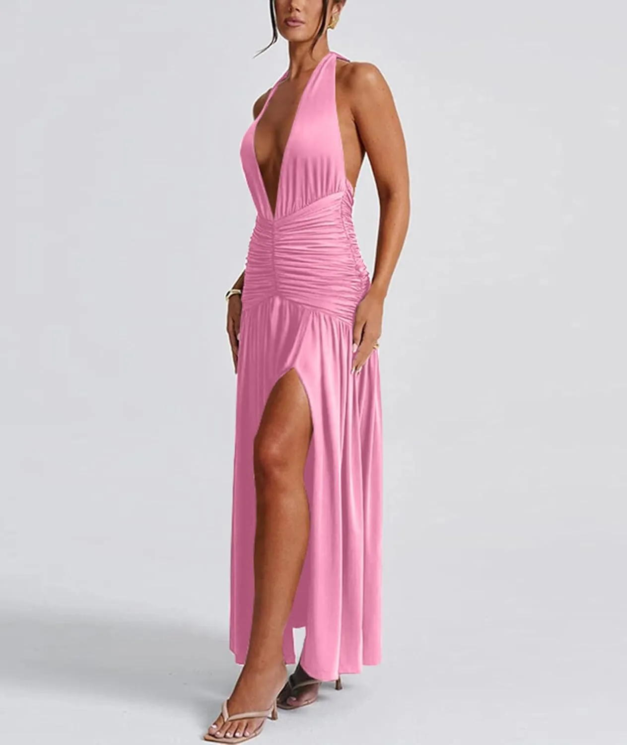 Ekaliy Women's Sexy Halter Deep V Neck Maxi Dress Sleeveless Backless High Slit Ruched Long Dress Summer Party Cocktail Dress