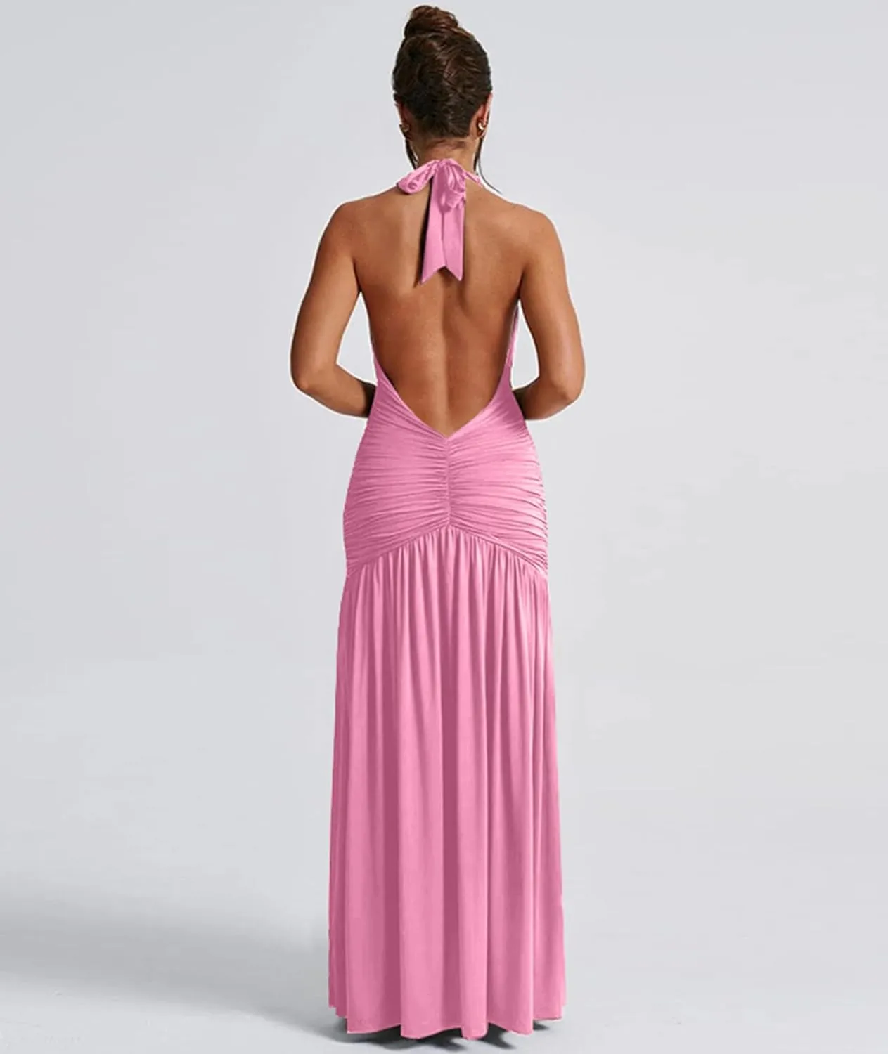 Ekaliy Women's Sexy Halter Deep V Neck Maxi Dress Sleeveless Backless High Slit Ruched Long Dress Summer Party Cocktail Dress