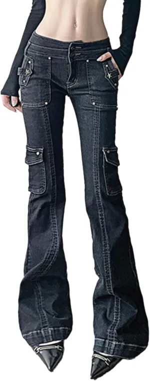 ENFUSO Punk Y2k Grunge Low Waist Emo Jeans Mall Gothic Women Black Patchwork Electro Pants Fashion Streetwear Alt Clothes