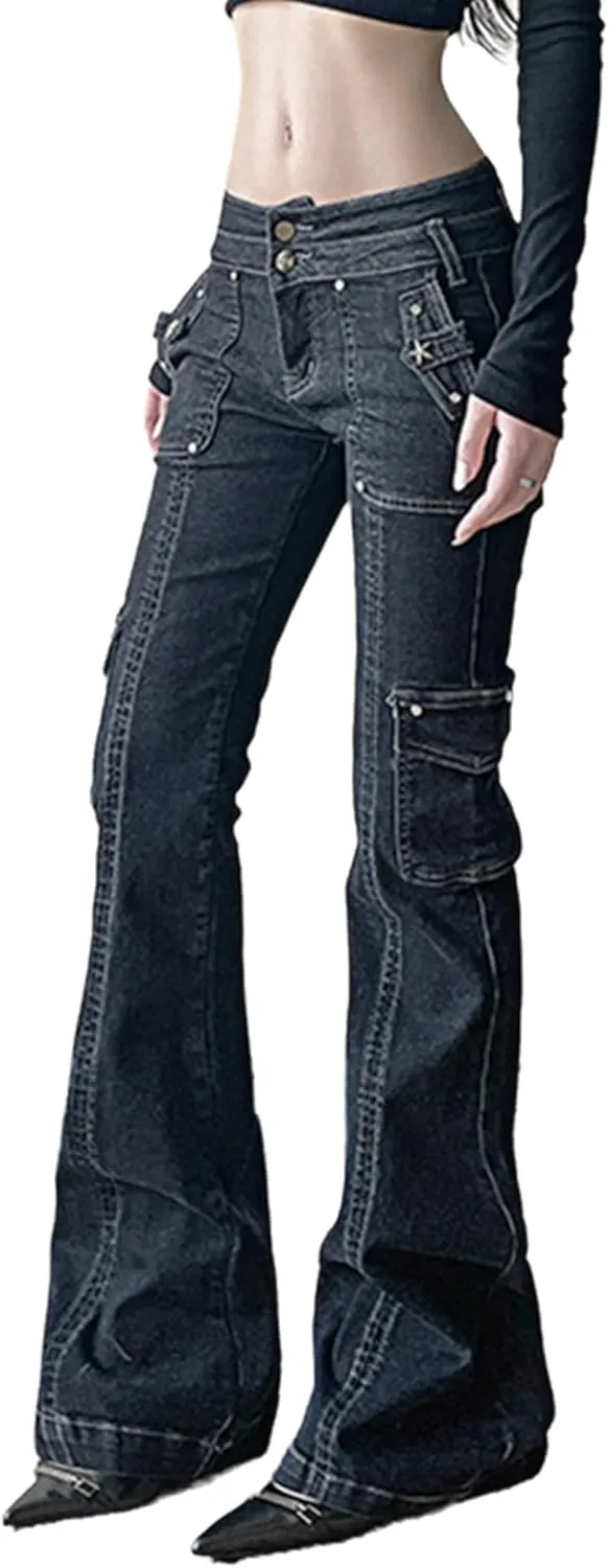 ENFUSO Punk Y2k Grunge Low Waist Emo Jeans Mall Gothic Women Black Patchwork Electro Pants Fashion Streetwear Alt Clothes
