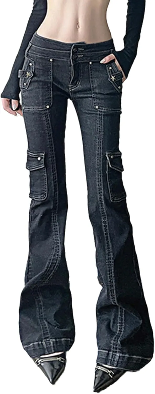 ENFUSO Punk Y2k Grunge Low Waist Emo Jeans Mall Gothic Women Black Patchwork Electro Pants Fashion Streetwear Alt Clothes