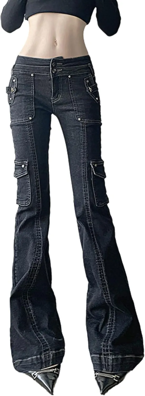 ENFUSO Punk Y2k Grunge Low Waist Emo Jeans Mall Gothic Women Black Patchwork Electro Pants Fashion Streetwear Alt Clothes
