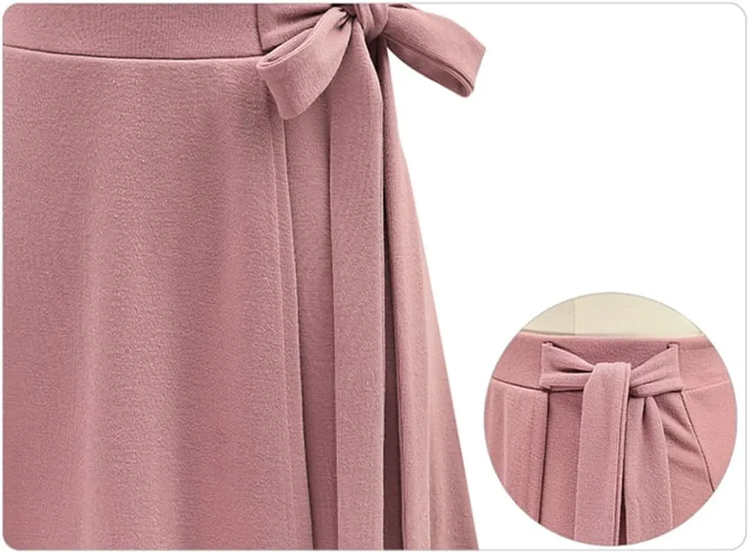 ERFMFKL Europehigh Waist Irregular Medium Long Skirt Solid Color Open Fork Tie Half Skirt Girl Midi Skirt