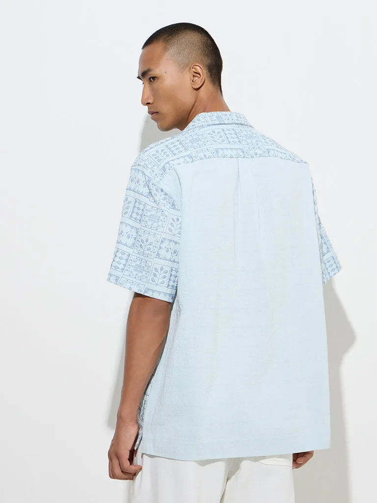 ETA Blue Embroidered Relaxed-Fit Cotton Shirt