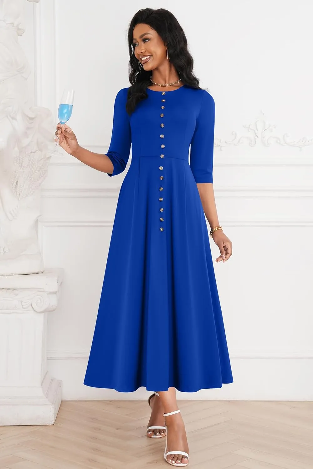 FANDEE Maxi Dresses for Women Button Up 3/4 Sleeve Church Dress Crew Neck Wedding Guest Party Dress with Pockets
