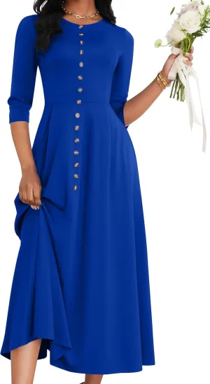 FANDEE Maxi Dresses for Women Button Up 3/4 Sleeve Church Dress Crew Neck Wedding Guest Party Dress with Pockets