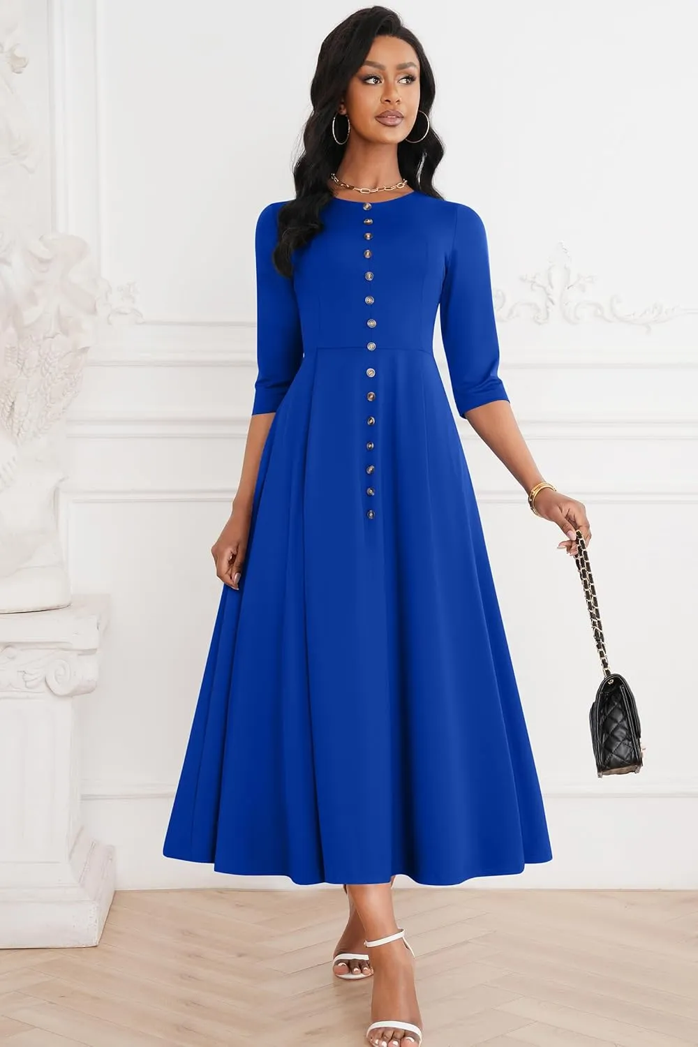 FANDEE Maxi Dresses for Women Button Up 3/4 Sleeve Church Dress Crew Neck Wedding Guest Party Dress with Pockets