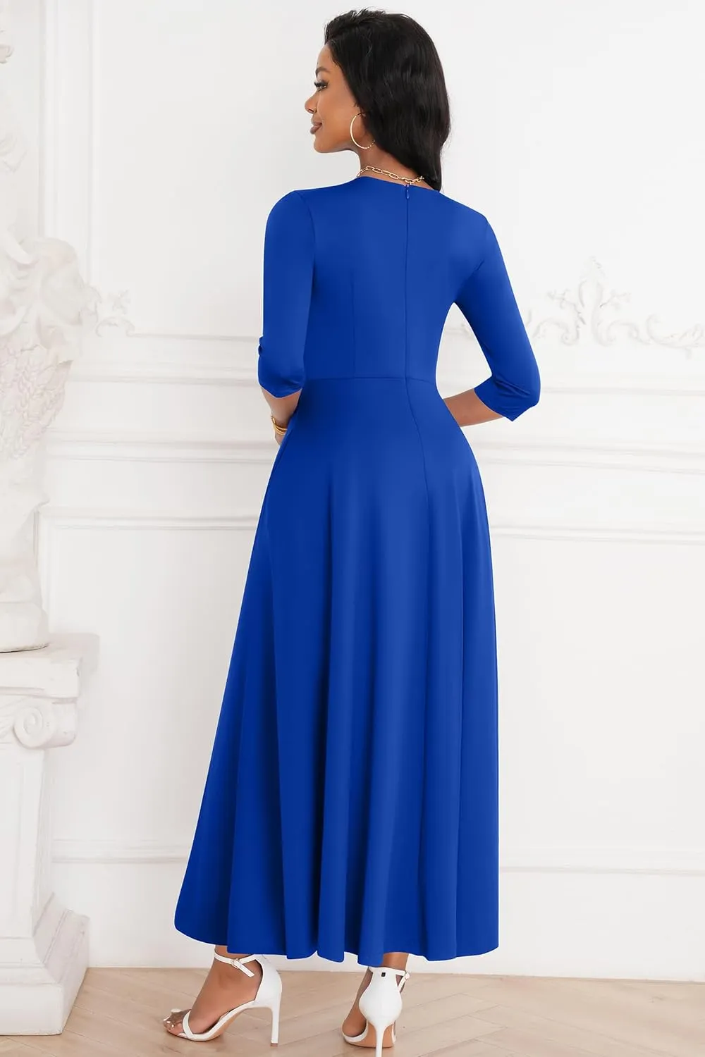FANDEE Maxi Dresses for Women Button Up 3/4 Sleeve Church Dress Crew Neck Wedding Guest Party Dress with Pockets