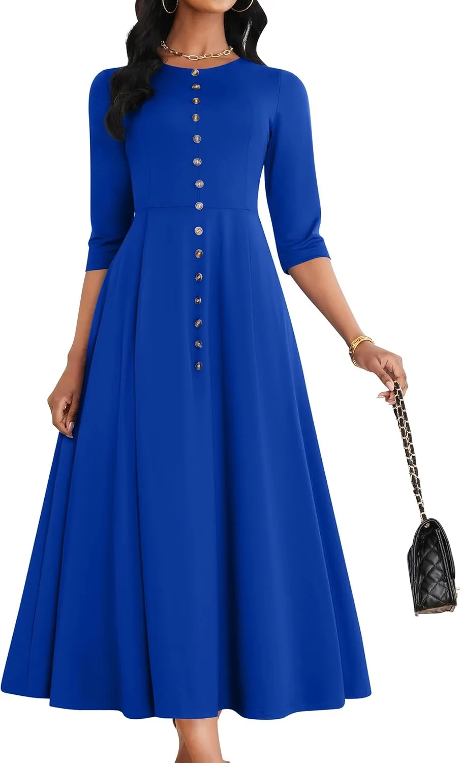 FANDEE Maxi Dresses for Women Button Up 3/4 Sleeve Church Dress Crew Neck Wedding Guest Party Dress with Pockets