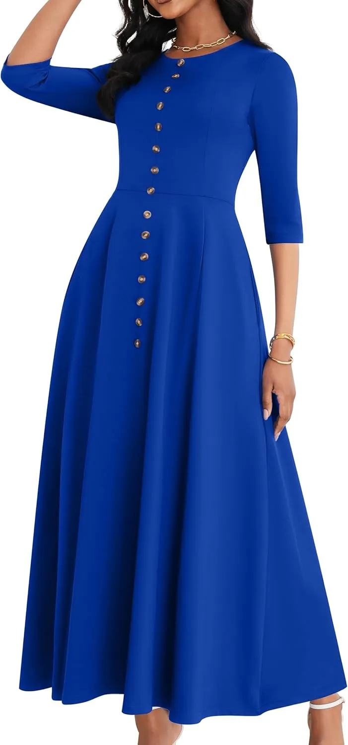 FANDEE Maxi Dresses for Women Button Up 3/4 Sleeve Church Dress Crew Neck Wedding Guest Party Dress with Pockets