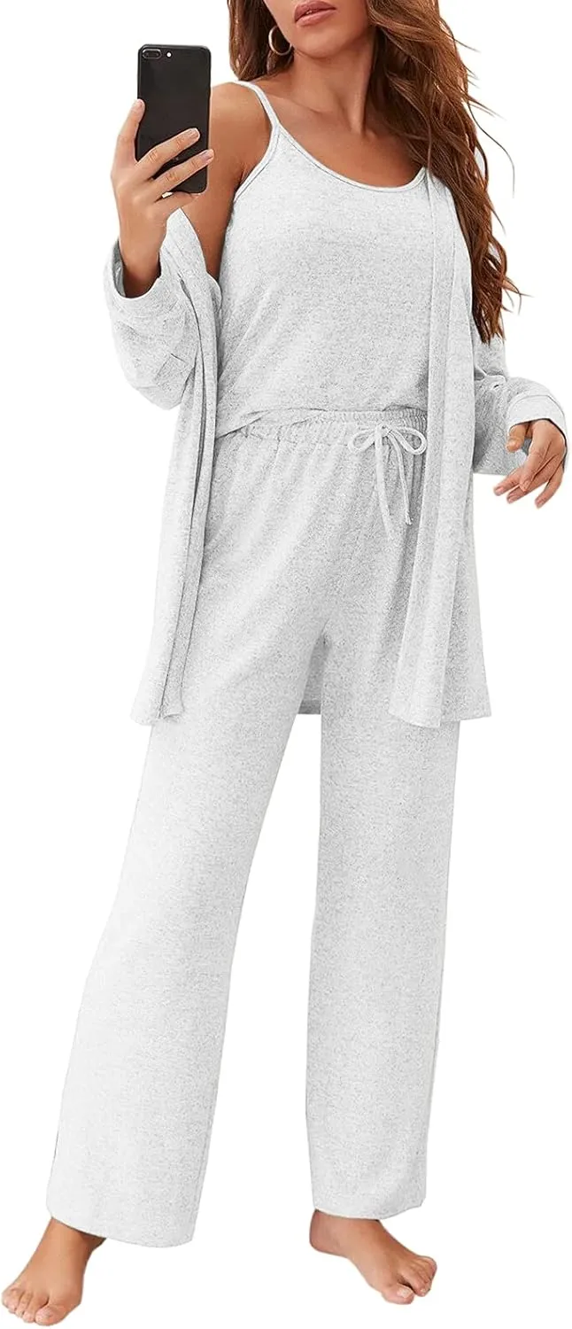 Fessceruna Womens 3 Piece Pajama Set Cami Tank Top Wide Leg Pants and Cardigan Loungewear Lounge Sets White